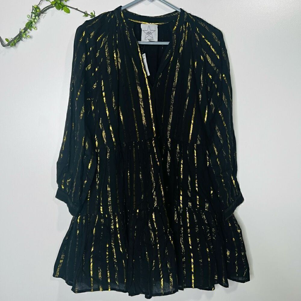 Area Star Women's Black Gold Striped Long Sleeve Mini Dress Size Small NWT